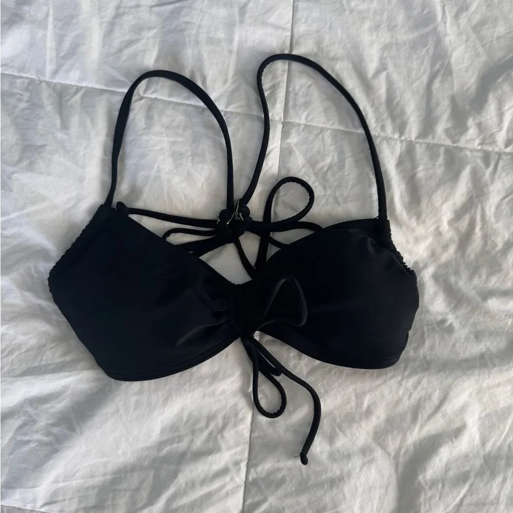 Hollister Cinched Black Bikini Top XS Tie Back Adjustable Straps Ruched Swim